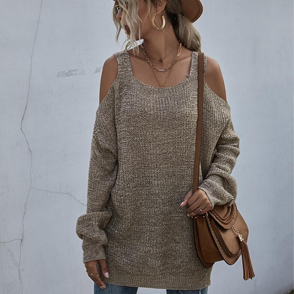 charcoal oversized cold shoulder knit fall sweater - Picture 11 of 11